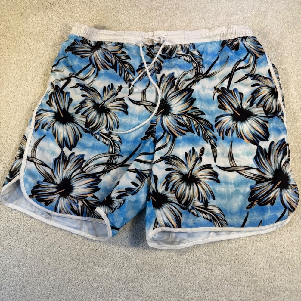 VTG Joe Boxer Men's XL Swim Trunks‎ Shorts Tropical Hawaiian Floral Blue Wh